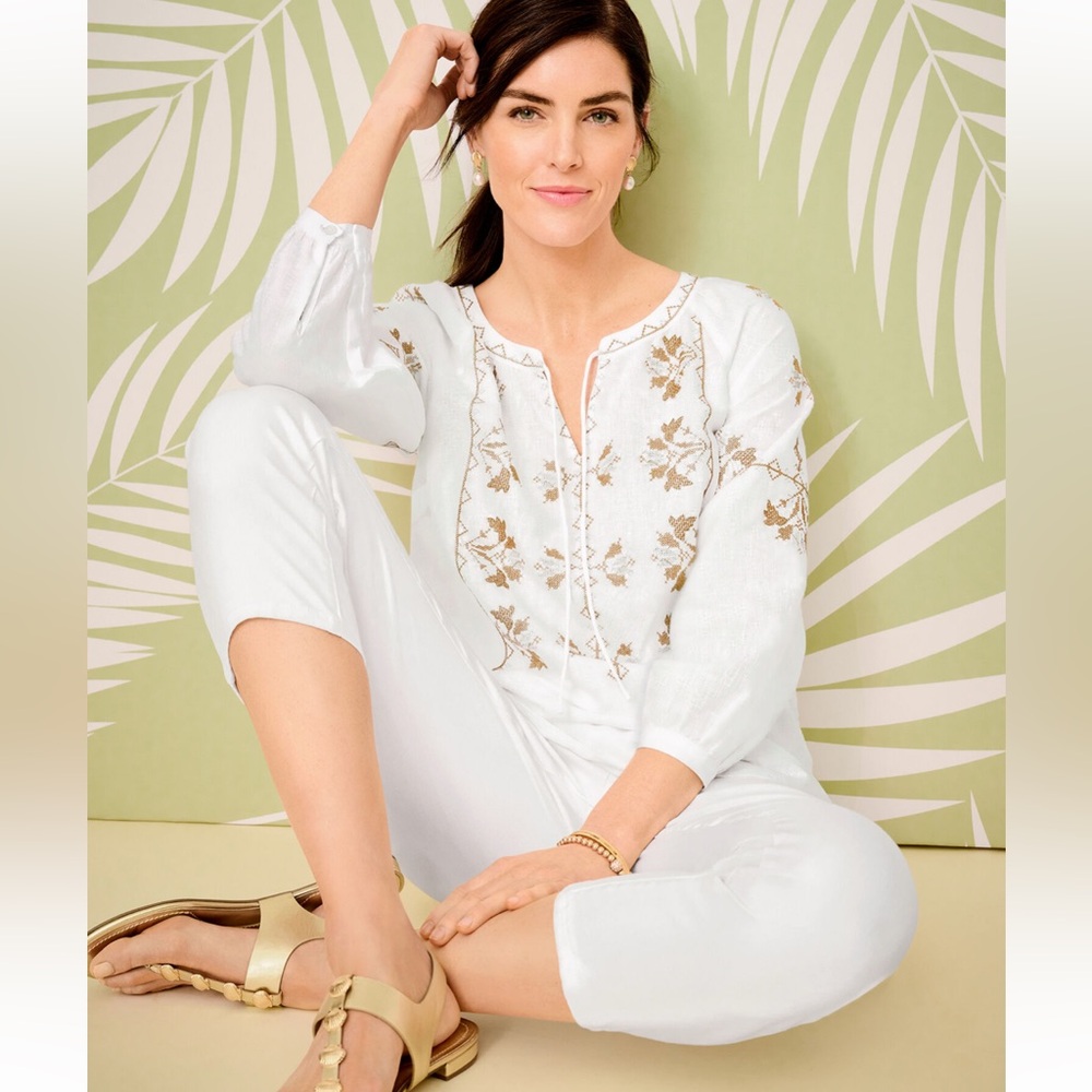 Talbots White Linen Blend Embroidered Tunic Top Boho Peasant Blouse Large - Picture 2 of 10